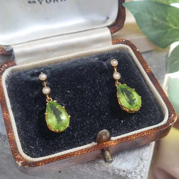 Victorian Antique Pear Shape Peridot and Natural Pearl Drop Earrings