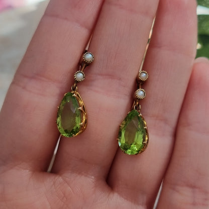 Victorian Antique Pear Shape Peridot and Natural Pearl Drop Earrings