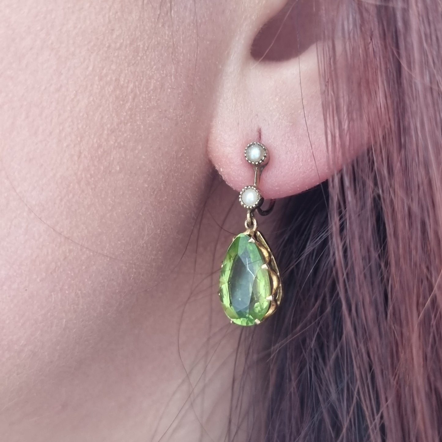 Victorian Antique Pear Shape Peridot and Natural Pearl Drop Earrings
