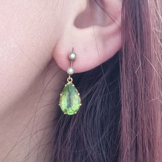 Victorian Antique Pear Shape Peridot and Natural Pearl Drop Earrings