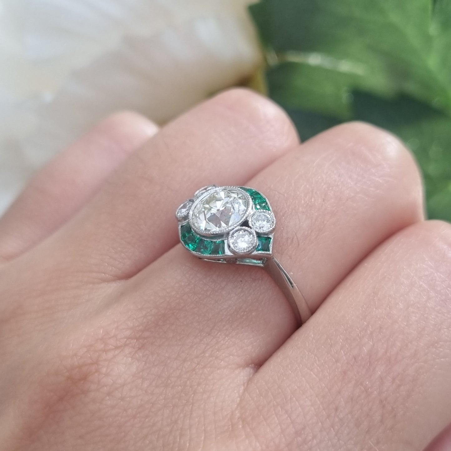 Art Deco Inspired 1.21ct Diamond and Emerald Target Cluster Engagement Ring in Platinum