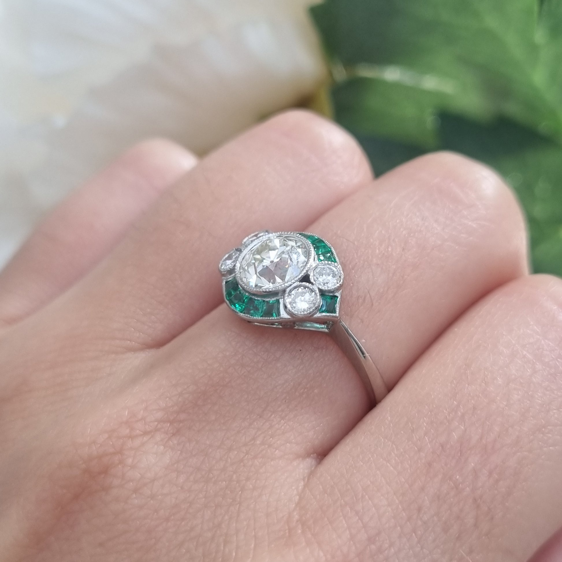 Art Deco Inspired 1.21ct Diamond and Emerald Target Cluster Engagement Ring in Platinum