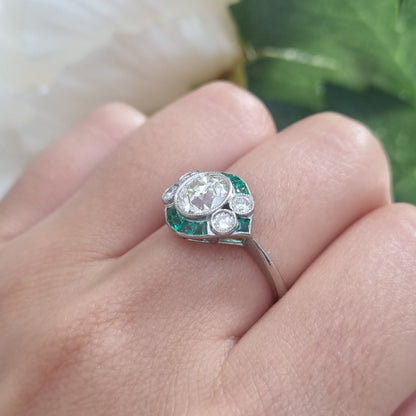 Art Deco Inspired 1.21ct Diamond and Emerald Target Cluster Engagement Ring in Platinum