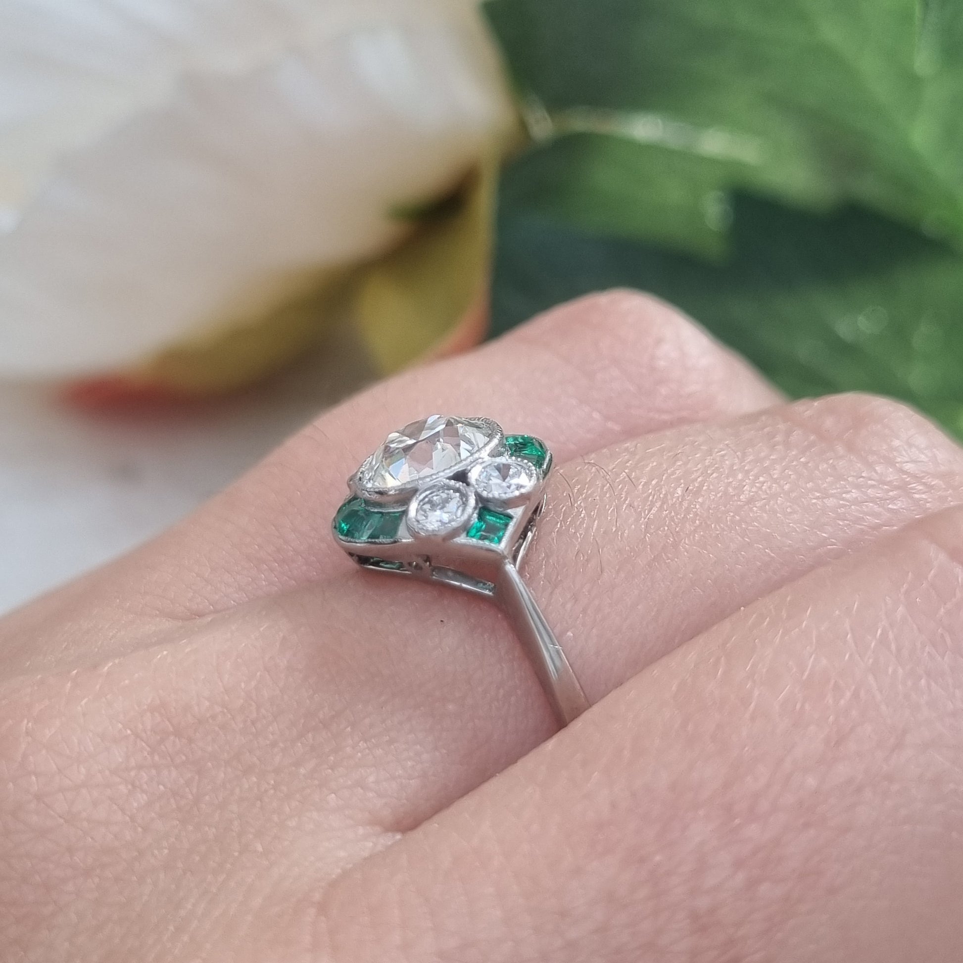 Art Deco Inspired 1.21ct Diamond and Emerald Target Cluster Engagement Ring in Platinum