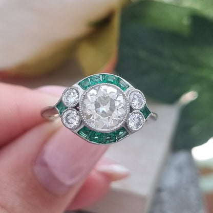 Art Deco Inspired 1.21ct Diamond and Emerald Target Cluster Ring in Platinum