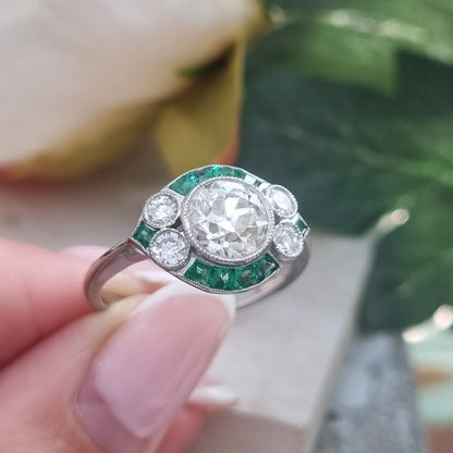 Art Deco Inspired 1.21ct Diamond and Emerald Target Cluster Engagement Ring in Platinum