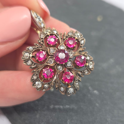 Antique Natural Ruby and Diamond Floral Cluster Pendant
