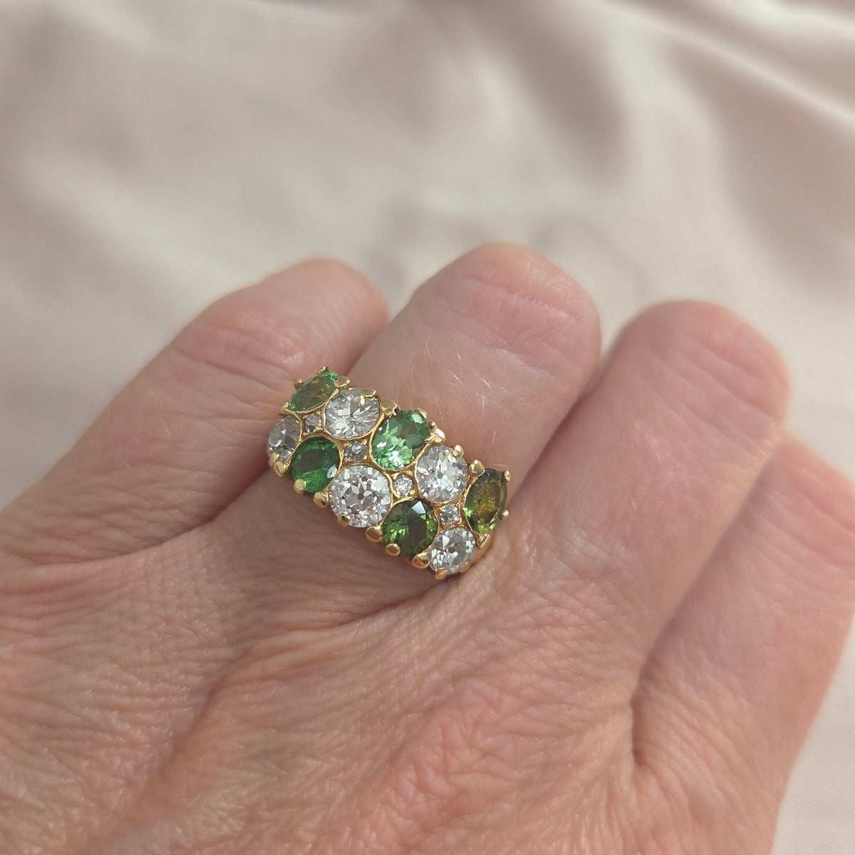 Old Cut Diamond and Green Garnet Double Row Five Stone Dress Ring Ring