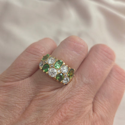 Old Cut Diamond and Green Garnet Double Row Five Stone Dress Ring Ring