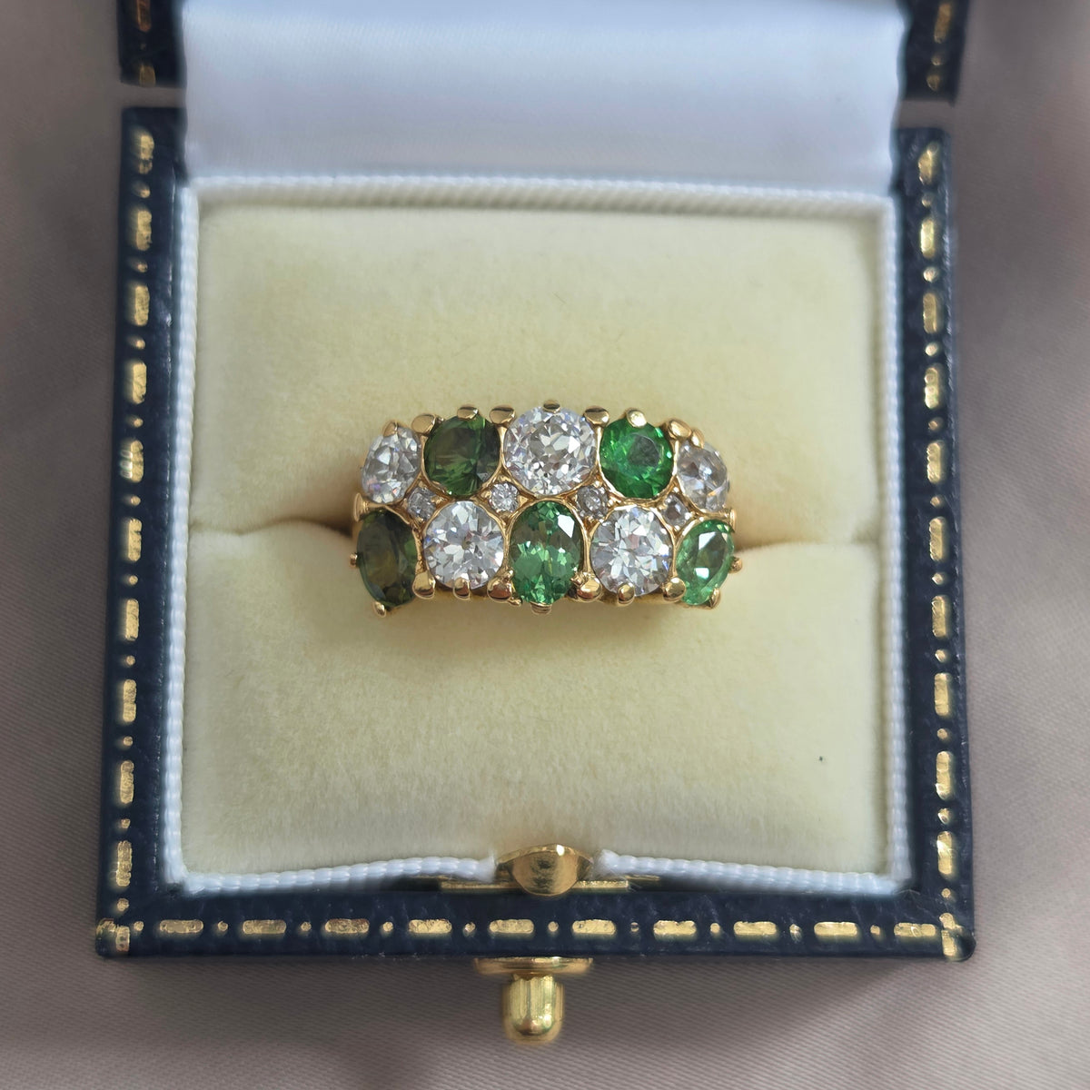 Old Cut Diamond and Green Garnet Double Row Five Stone Dress Ring Ring
