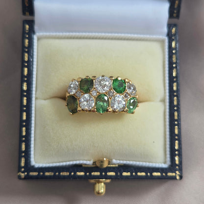 Old Cut Diamond and Green Garnet Double Row Five Stone Dress Ring Ring