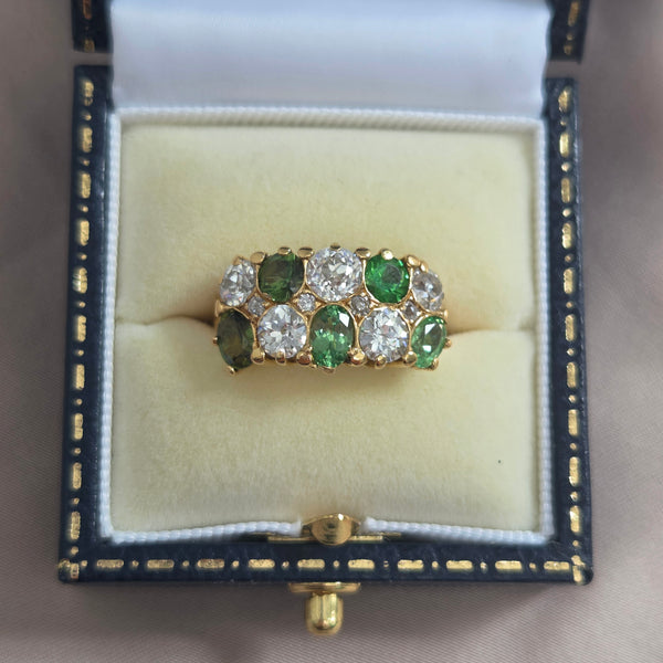 Old Cut Diamond and Green Garnet Double Row Five Stone Dress Ring Ring