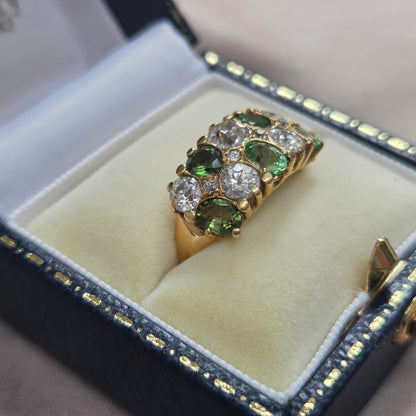 Old Cut Diamond and Green Garnet Double Row Five Stone Dress Ring Ring