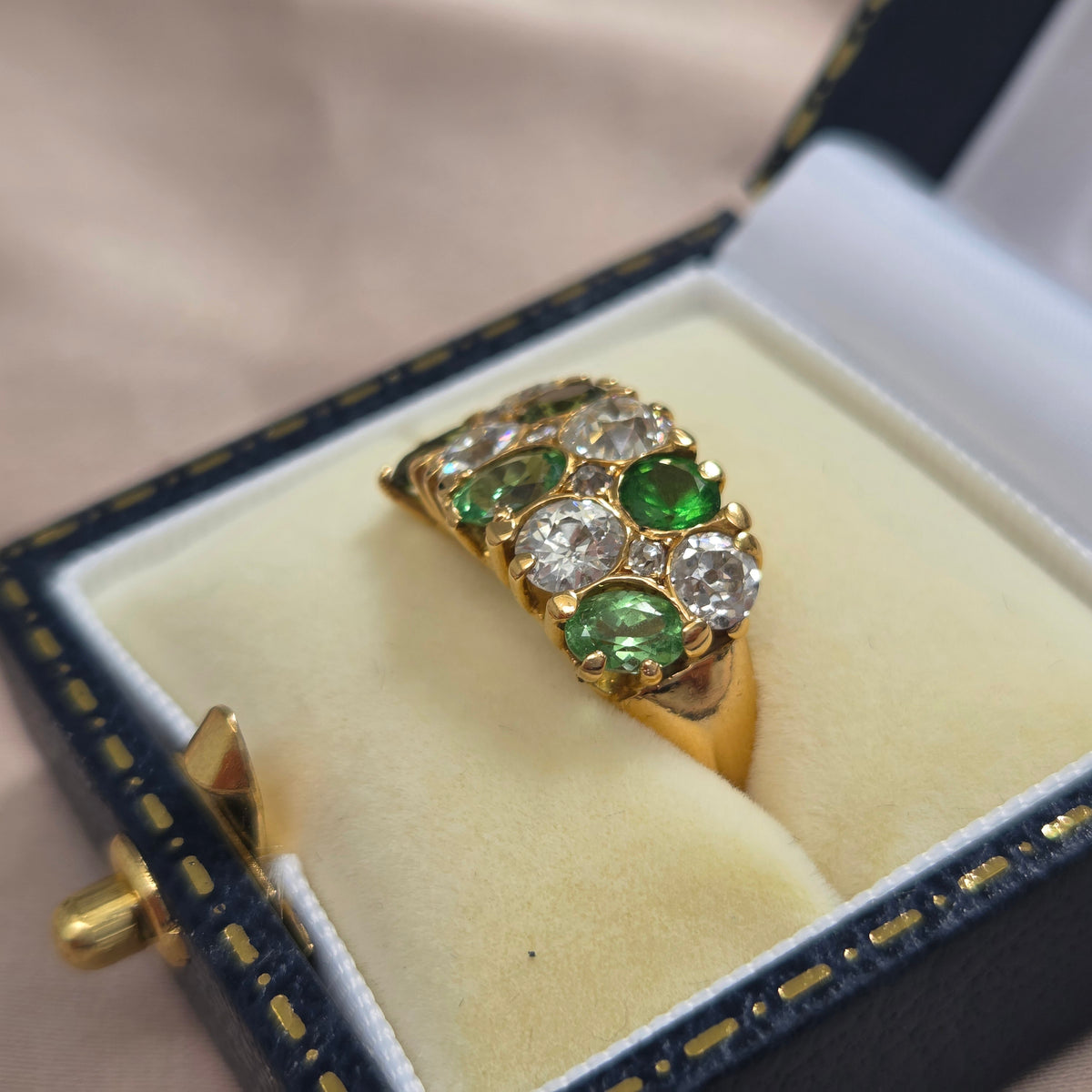 Old Cut Diamond and Green Garnet Double Row Five Stone Dress Ring Ring