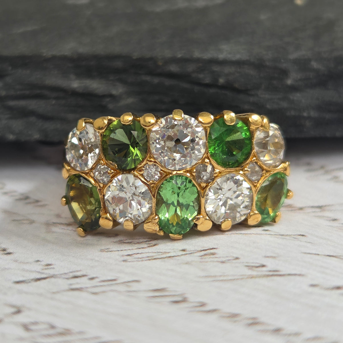 Old Cut Diamond and Green Garnet Double Row Five Stone Dress Ring Ring