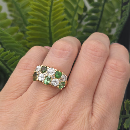 Old Cut Diamond and Green Garnet Double Row Five Stone Dress Ring Ring