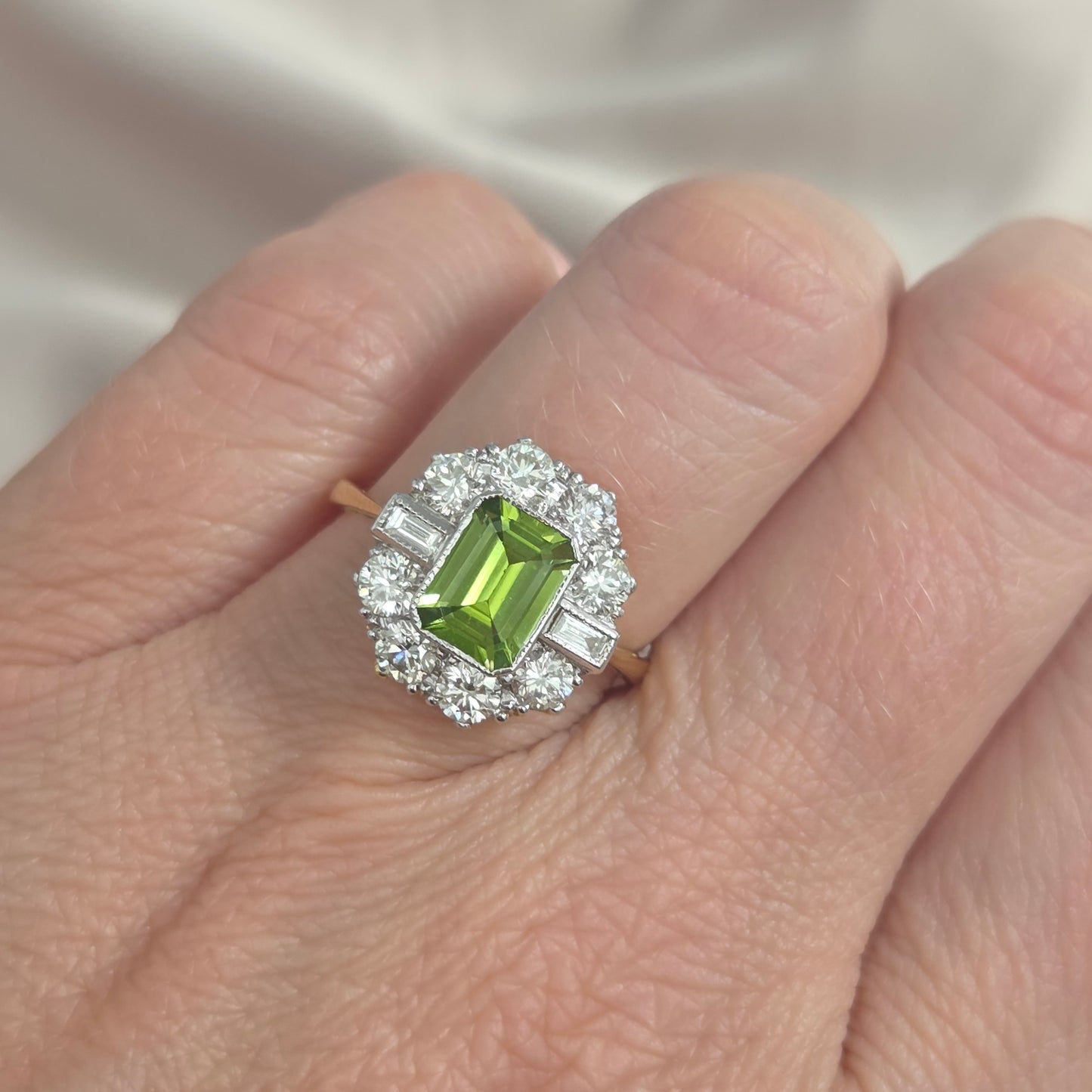 1.40ct Emerald Cut Peridot and Diamond Cluster Engagement Ring