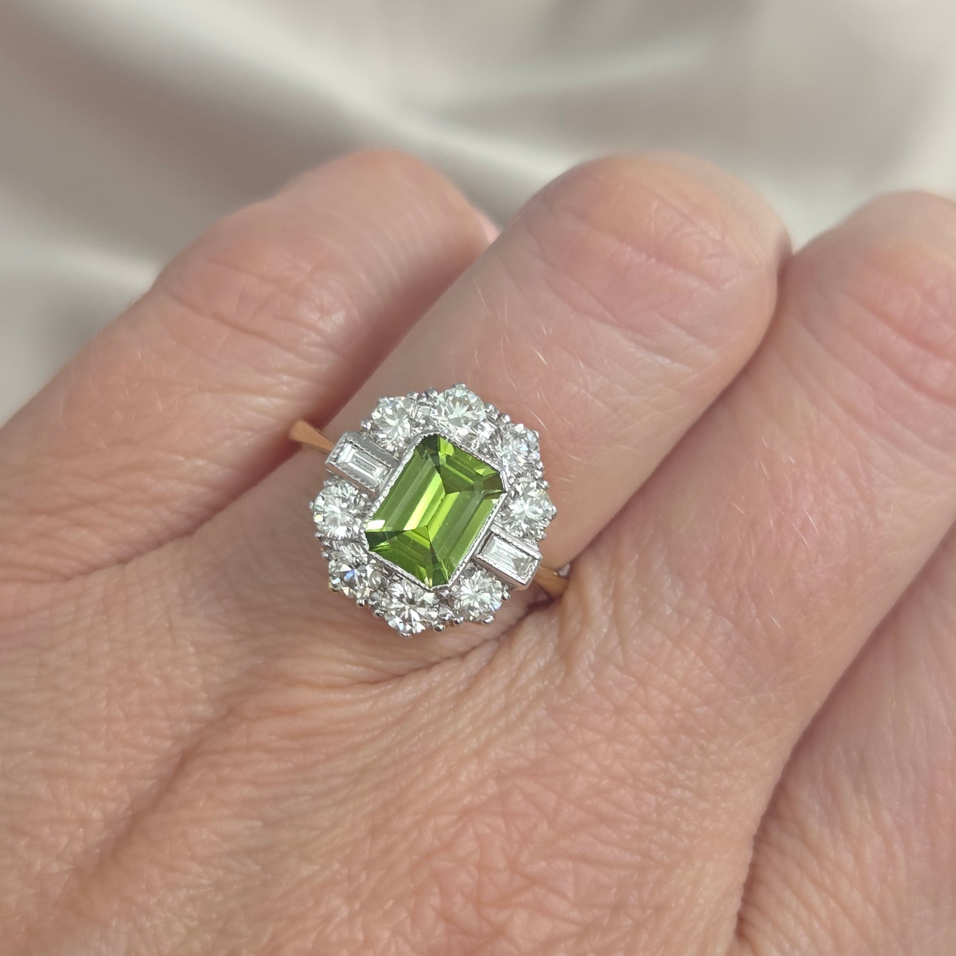1.40ct Emerald Cut Peridot and Diamond Cluster Engagement Ring