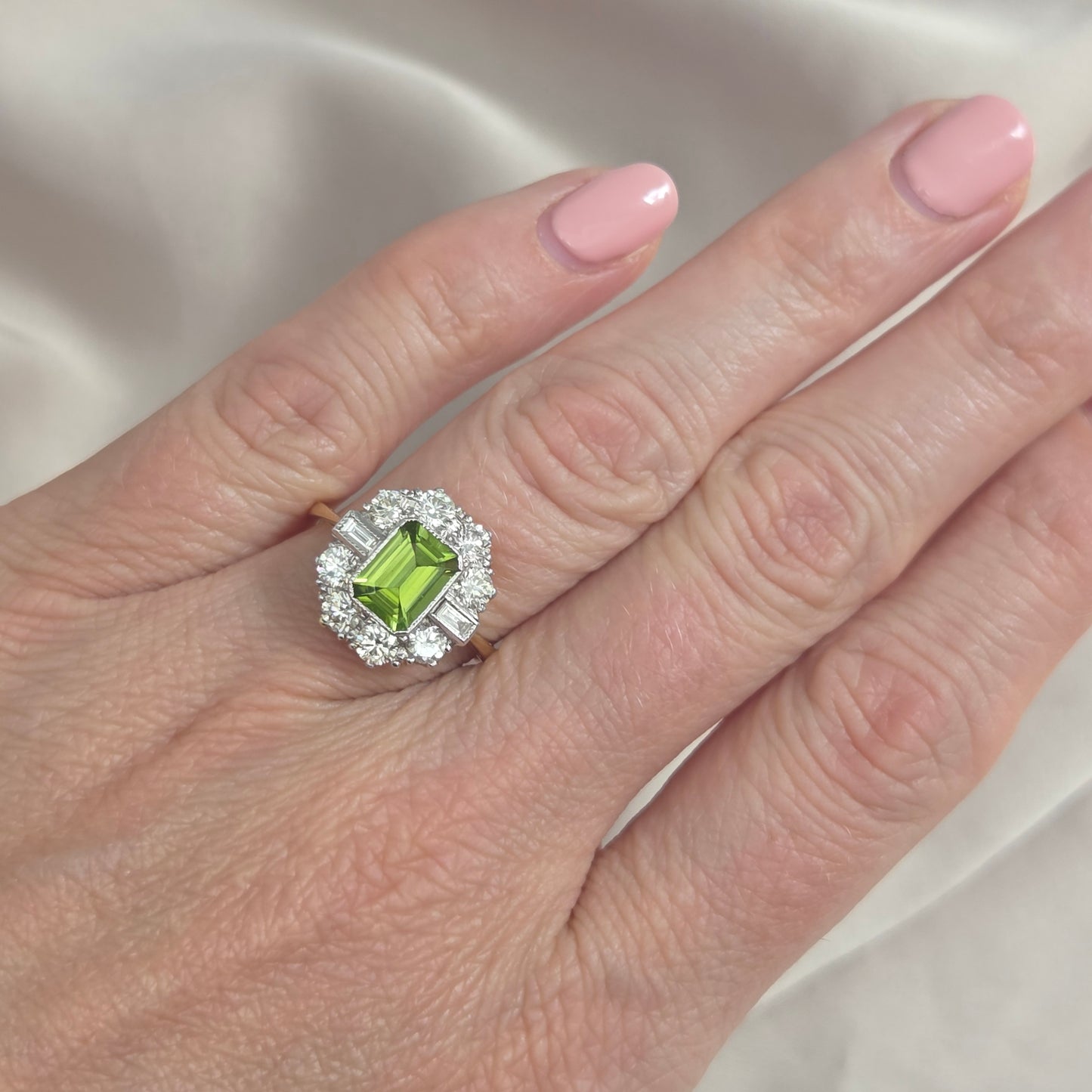 1.40ct Emerald Cut Peridot and Diamond Cluster Ring