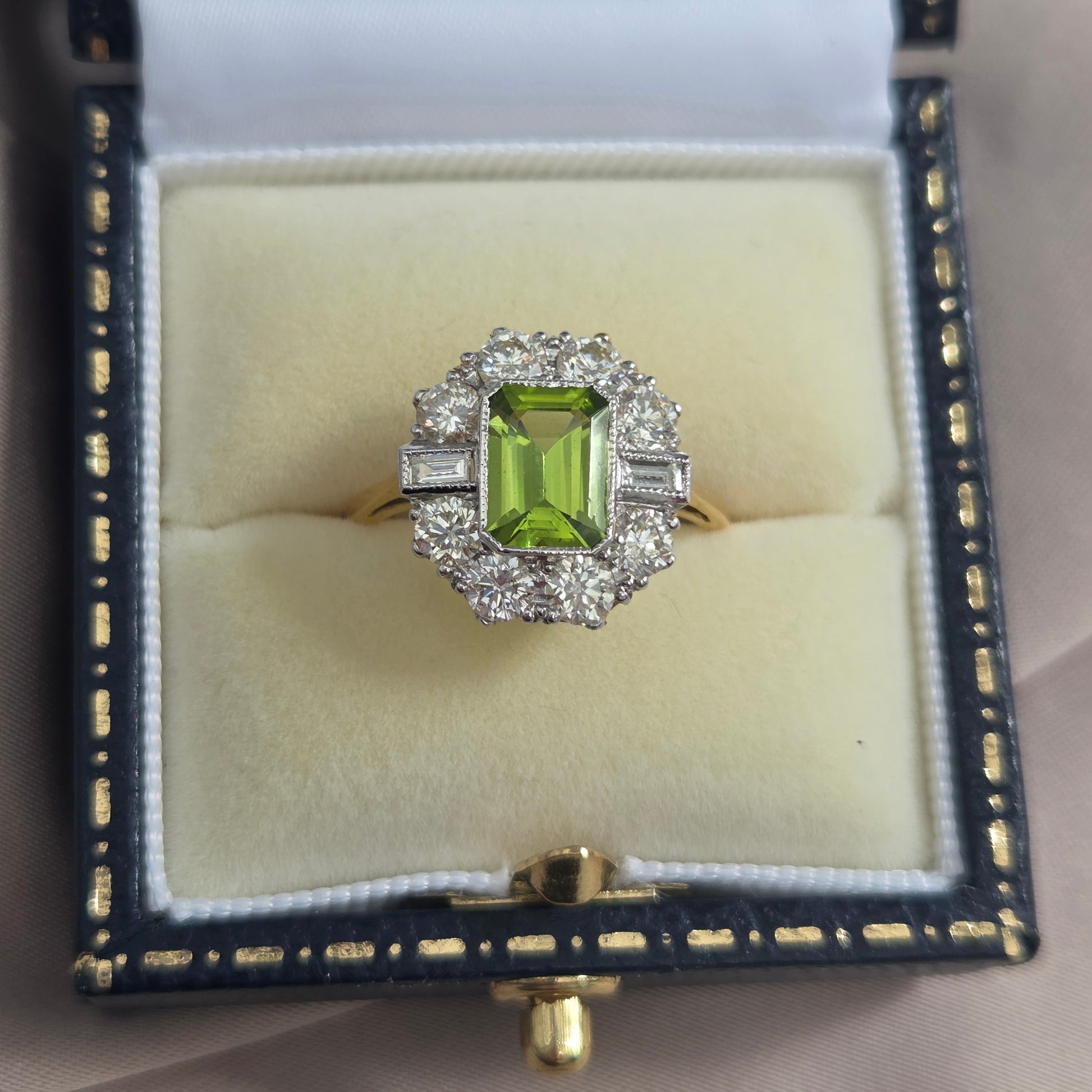 1.40ct Emerald Cut Peridot and Diamond Cluster Ring
