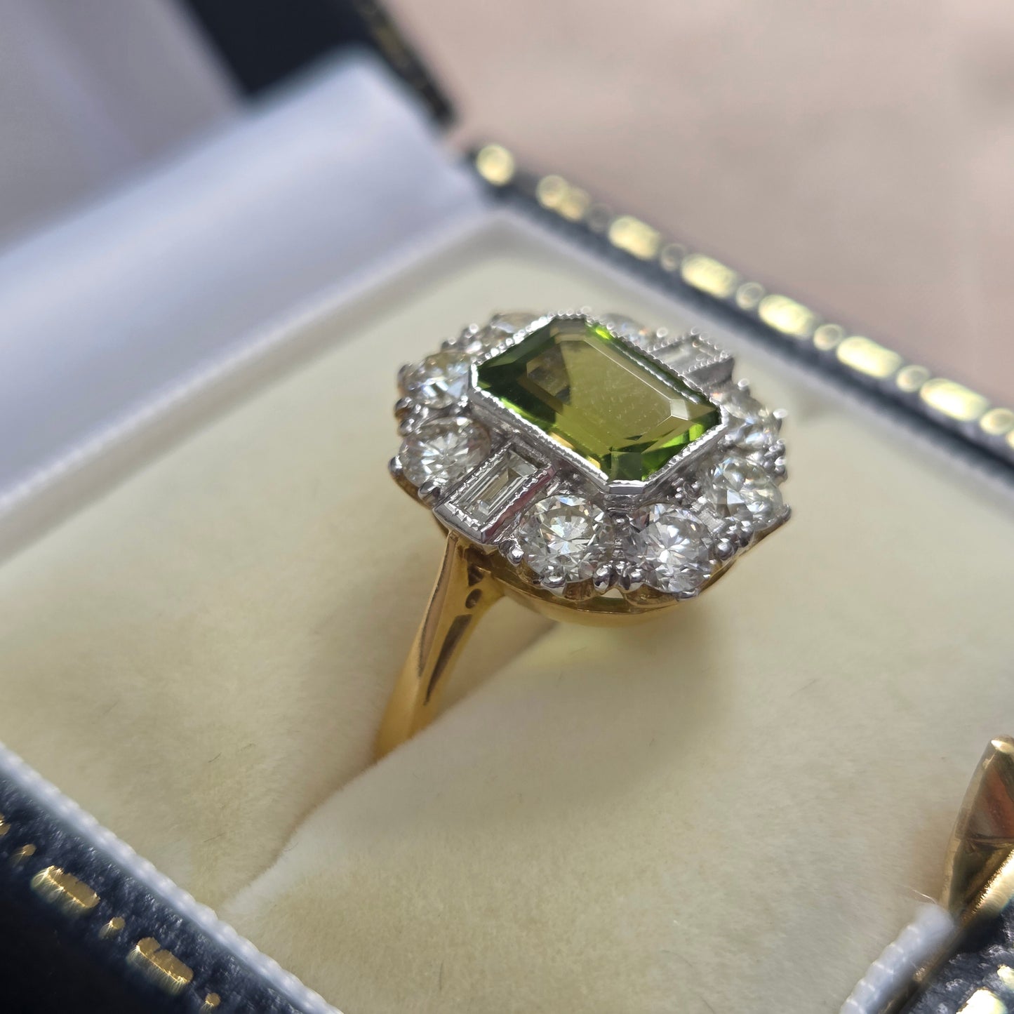 1.40ct Emerald Cut Peridot and Diamond Cluster Ring