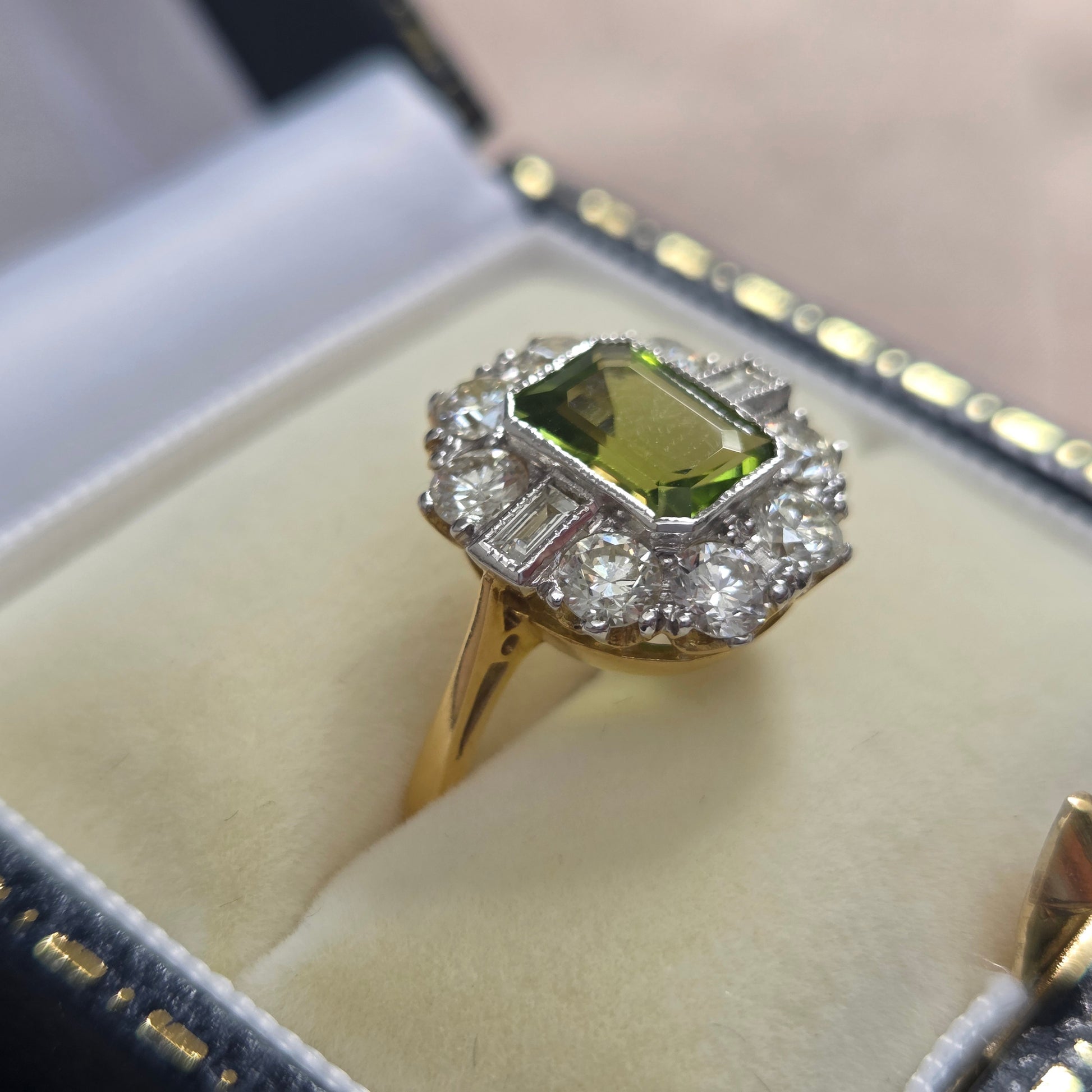 1.40ct Emerald Cut Peridot and Diamond Cluster Ring