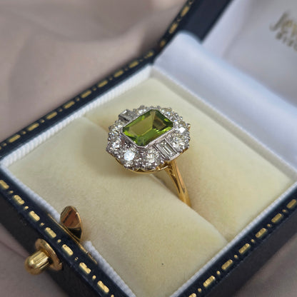 1.40ct Emerald Cut Peridot and Diamond Cluster Ring