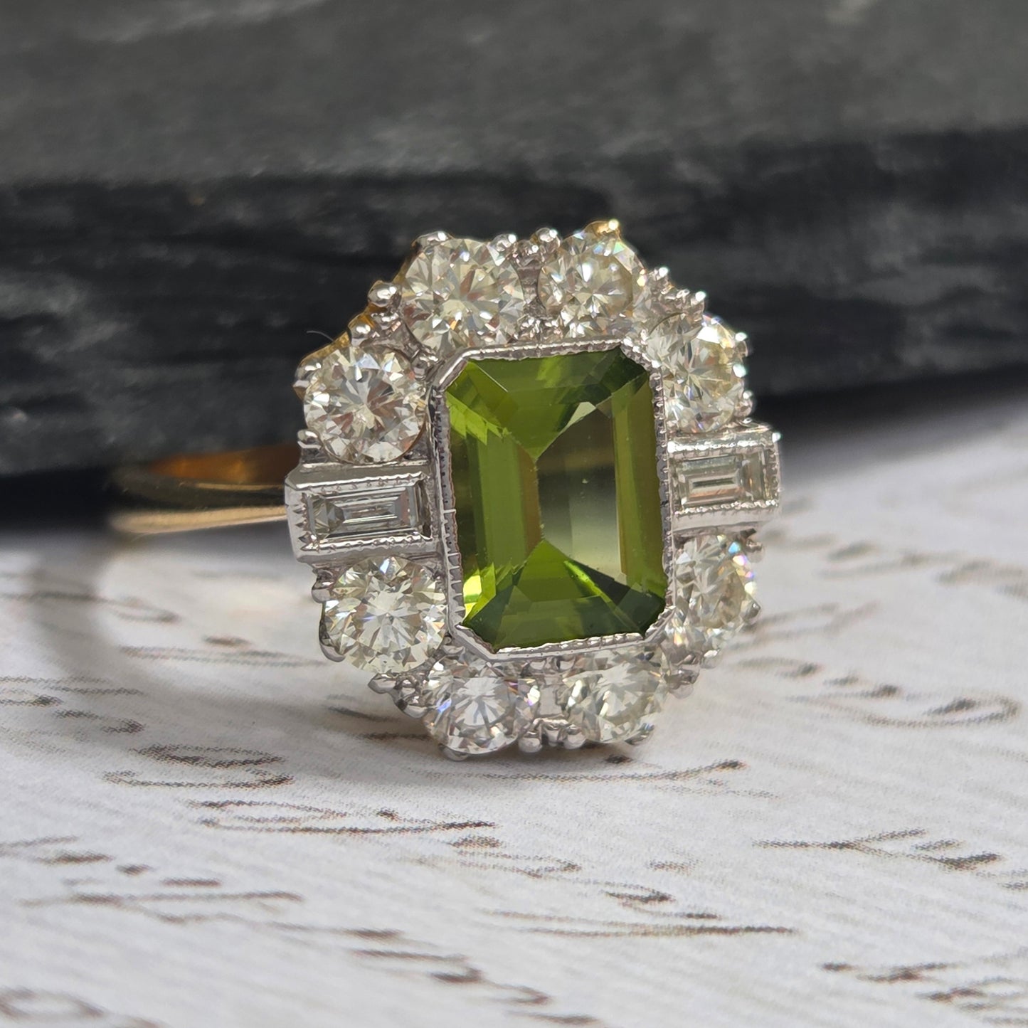 1.40ct Emerald Cut Peridot and Diamond Cluster Ring