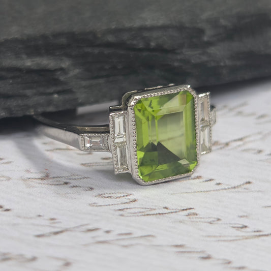2.60ct Emerald Cut Peridot Ring with Baguette Diamonds in Platinum