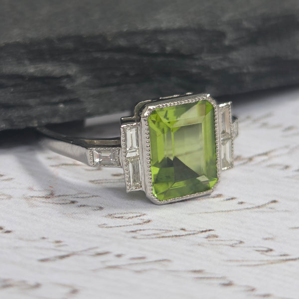 2.60ct Emerald Cut Peridot Ring with Baguette Diamonds in Platinum