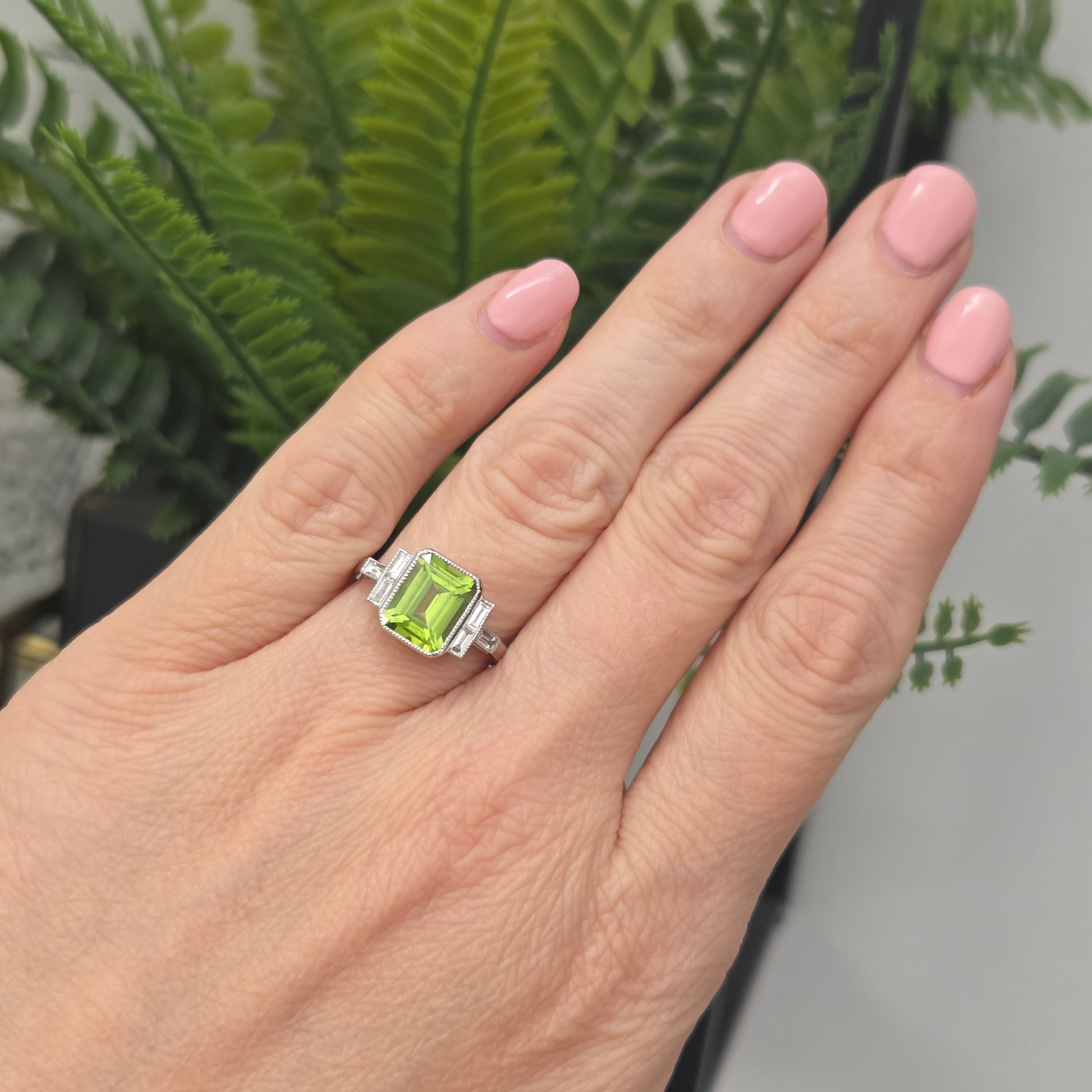 2.60ct Emerald Cut Peridot Ring with Baguette Diamonds in Platinum