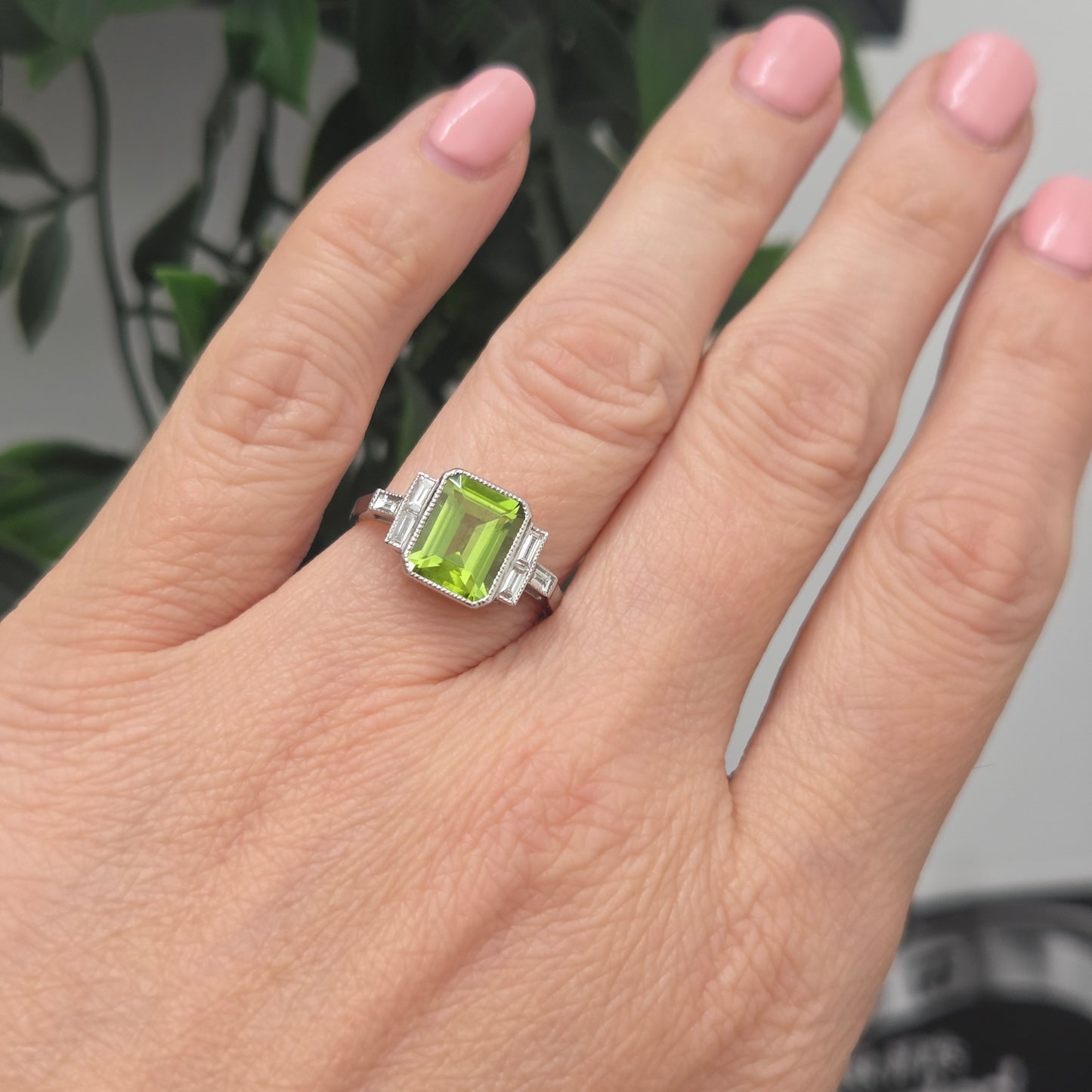 2.60ct Emerald Cut Peridot Ring with Baguette Diamonds in Platinum