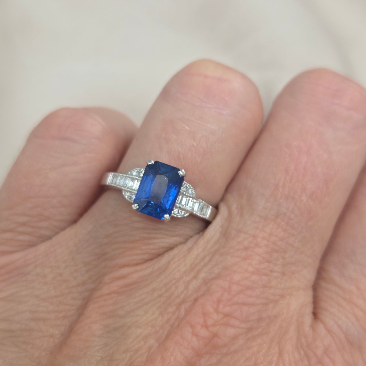 2.18ct Emerald Cut Sapphire and Baguette Diamond Engagement Ring