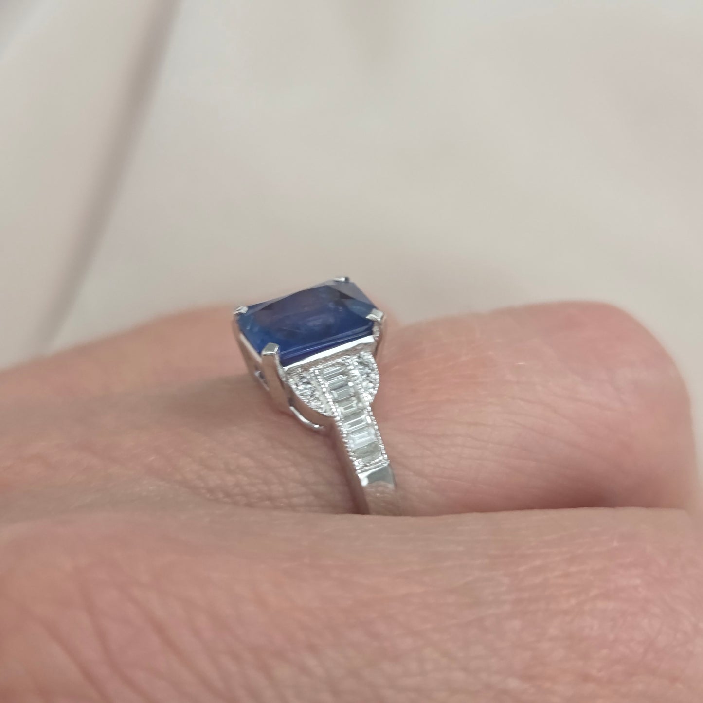 2.18ct Emerald Cut Sapphire and Baguette Diamond Engagement Ring