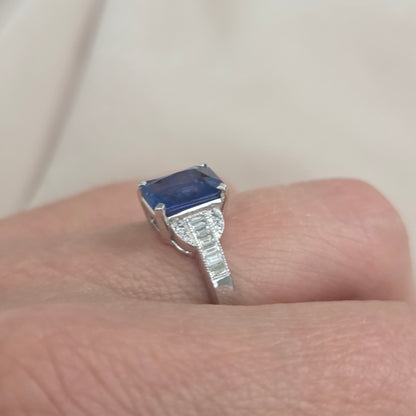 2.18ct Emerald Cut Sapphire and Baguette Diamond Engagement Ring