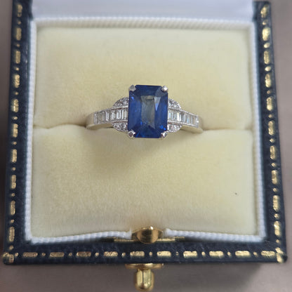 2.18ct Emerald Cut Sapphire and Baguette Diamond Engagement Ring