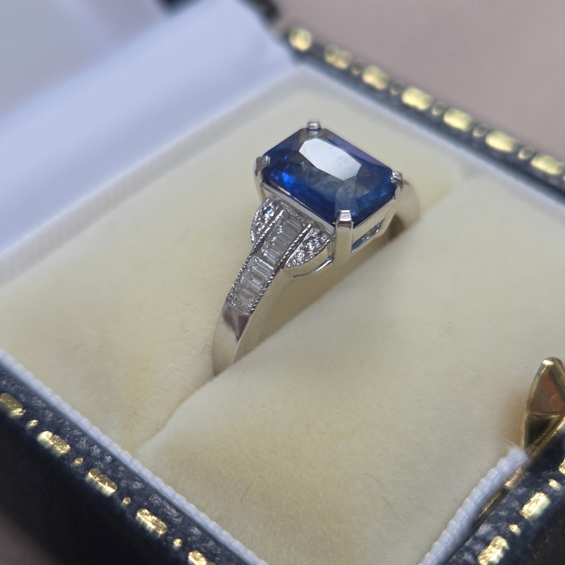 2.18ct Emerald Cut Sapphire and Baguette Diamond Engagement Ring
