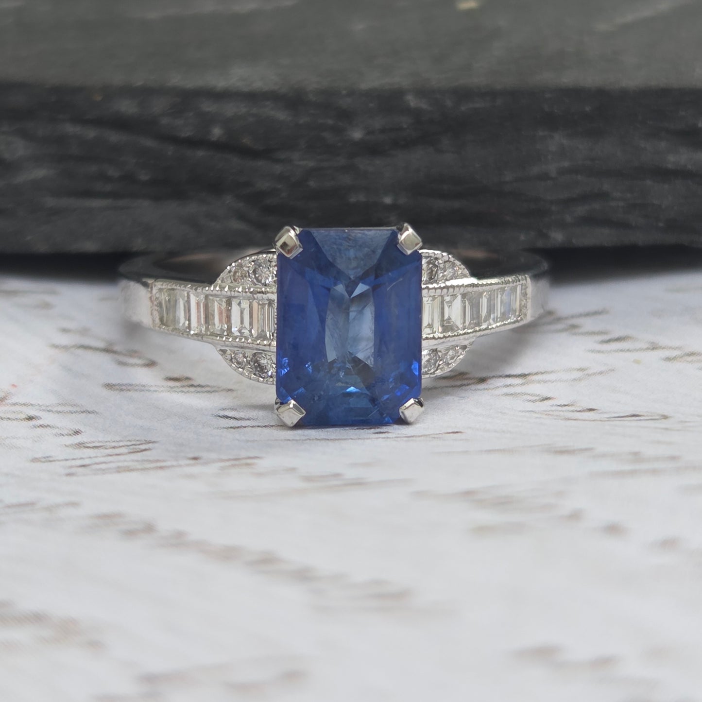 2.18ct Emerald Cut Sapphire and Baguette Diamond Engagement Ring