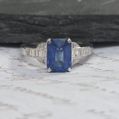 2.18ct Emerald Cut Sapphire and Baguette Diamond Engagement Ring