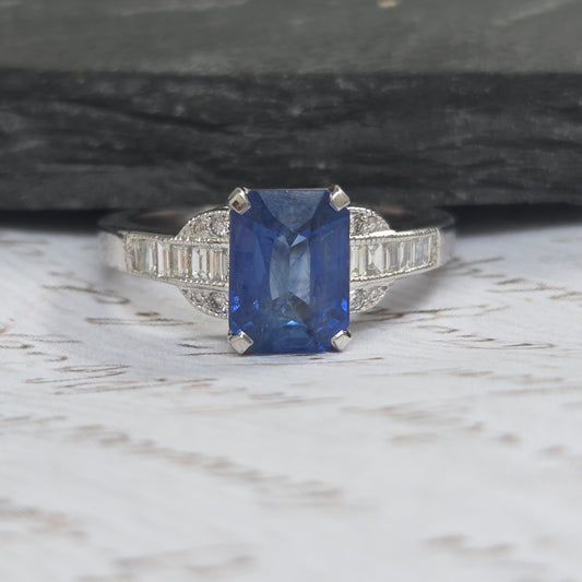 2.18ct Emerald Cut Sapphire and Baguette Diamond Engagement Ring