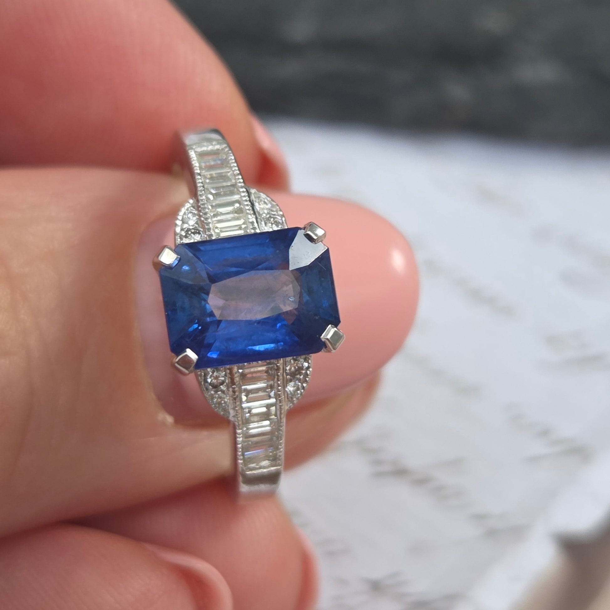 2.18ct Emerald Cut Sapphire and Baguette Diamond Engagement Ring