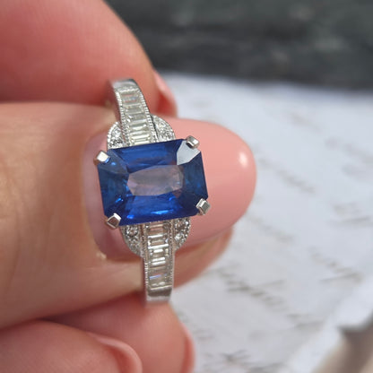 2.18ct Emerald Cut Sapphire and Baguette Diamond Engagement Ring