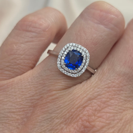 1.21ct Sapphire and Diamond Double Halo Cluster Engagement Ring