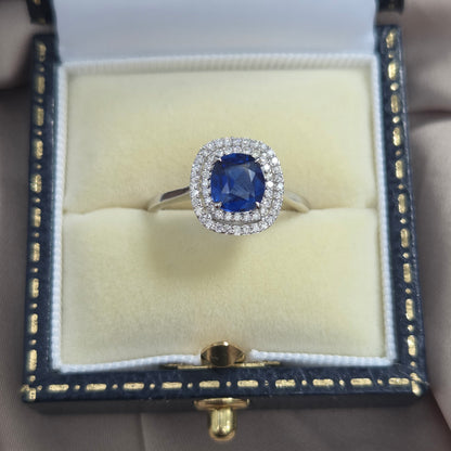 1.21ct Sapphire and Diamond Double Halo Cluster Engagement Ring