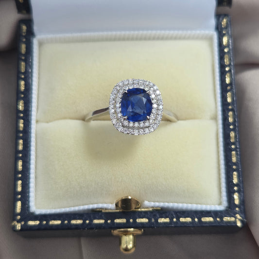 1.21ct Sapphire and Diamond Double Halo Cluster Engagement Ring