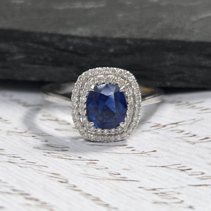 1.21ct Sapphire and Diamond Double Halo Cluster Engagement Ring