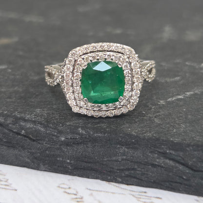 1.04ct Emerald and Diamond Double Halo Cluster Engagement Ring