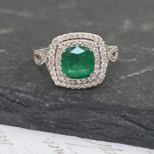 1.04ct Emerald and Diamond Double Halo Cluster Engagement Ring