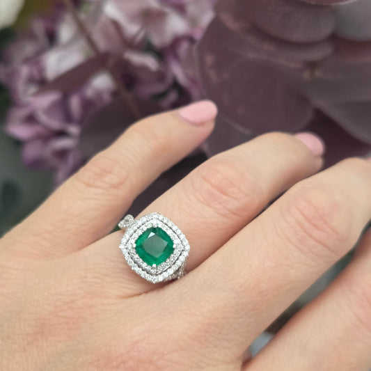 1.04ct Emerald and Diamond Double Halo Cluster Engagement Ring