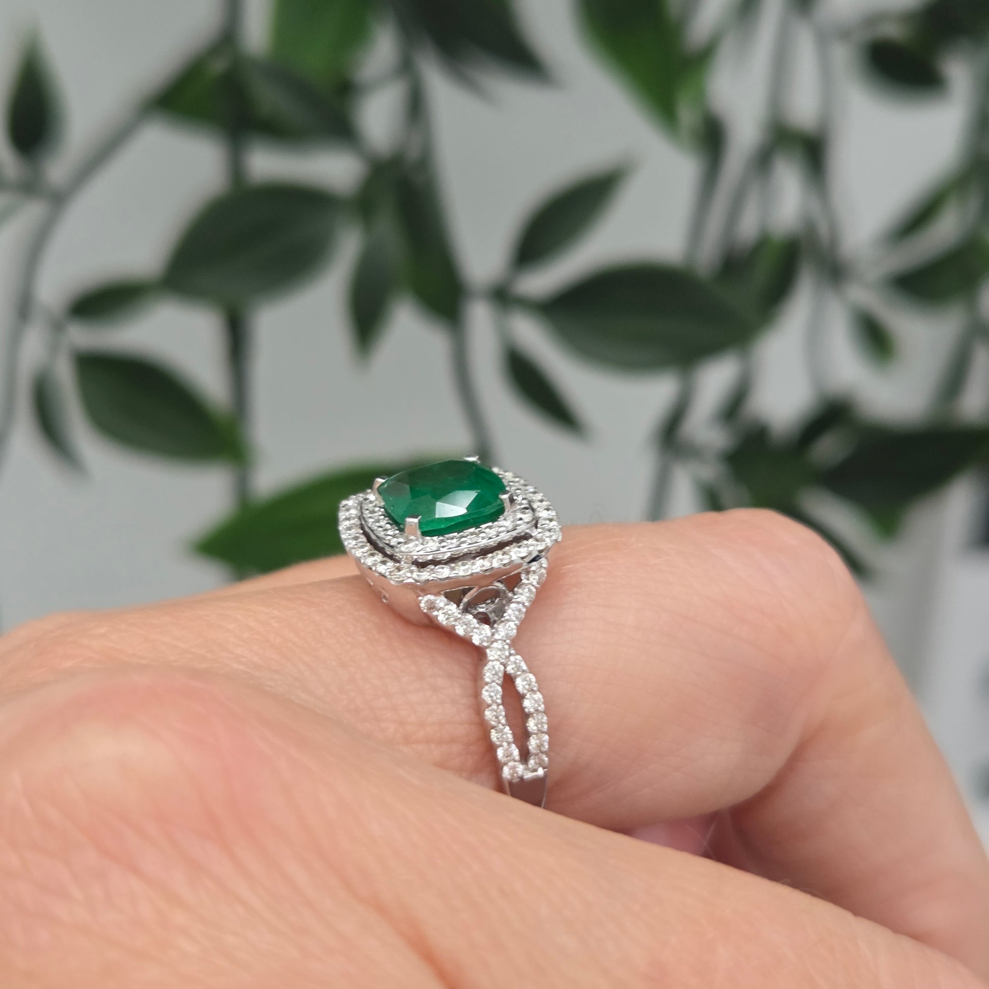 1.04ct Emerald and Diamond Double Halo Cluster Engagement Ring